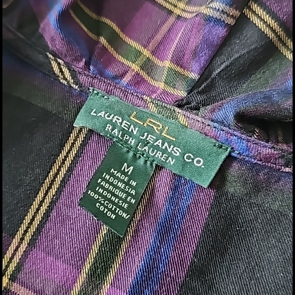 LRL Ruffled Trim Neckline Buttondown Plaid Blouse - Picture 7 of 15